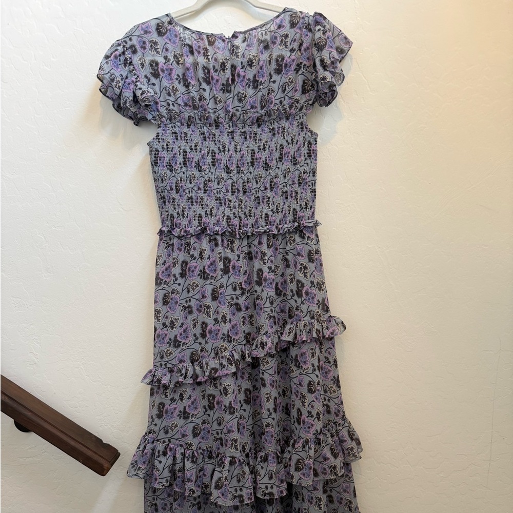 cinq a sept Lavender Floral Tiered Midi Dress